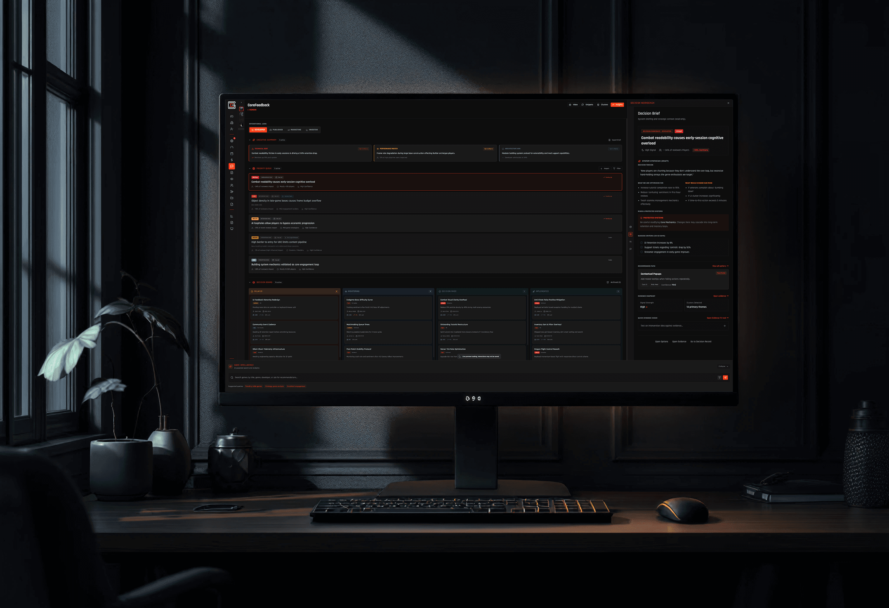 GameDataCore decision intelligence on desktop monitor